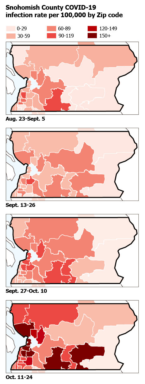 Snohomish County COVID-19 infection rate per 100,000 by Zip code